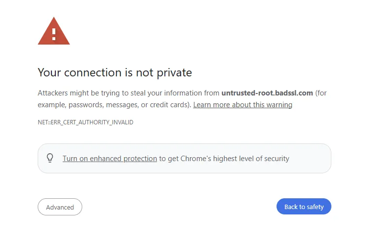 The Chrome full-page certificate warning on the test site untrusted-root.badssl.com, captured 27 October 2026: a red warning triangle, the heading "Your connection is not private", the code NET::ERR_CERT_AUTHORITY_INVALID, and "Advanced" and "Back to safety" buttons.