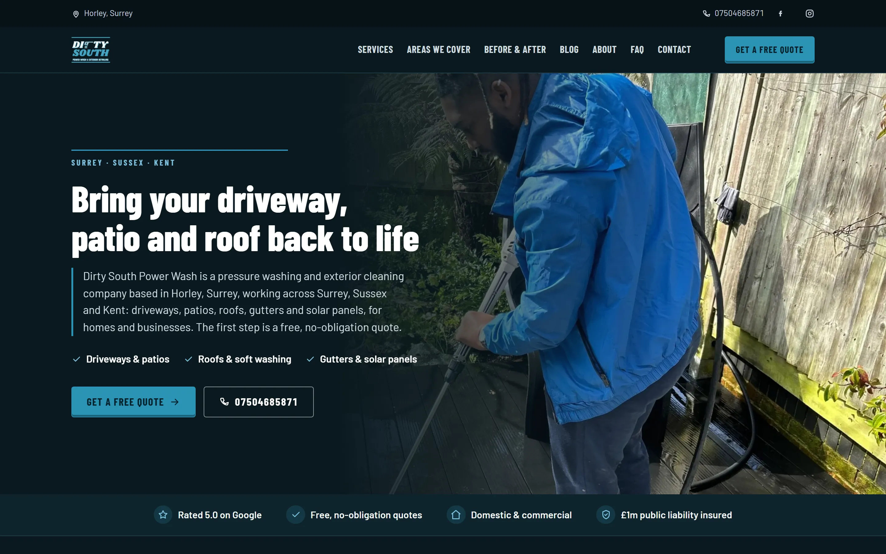 Home page of dirtysouthpowerwash.co.uk on a laptop screen: the headline "Bring your driveway, patio and roof back to life" over a photograph of a worker jet washing decking, with a Get a free quote button and a phone number.