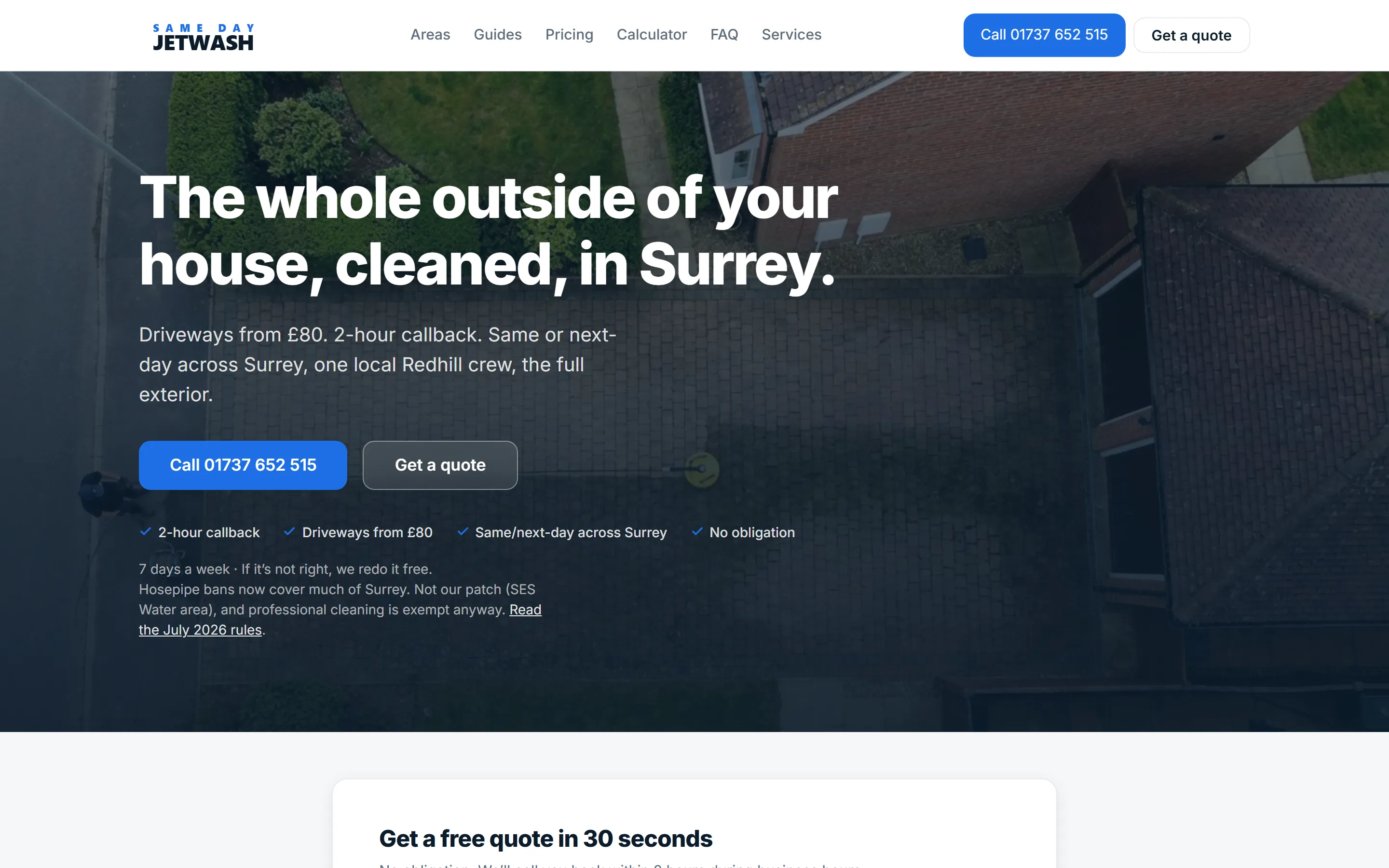 Home page of samedayjetwash.com on a laptop screen: the headline "The whole outside of your house, cleaned, in Surrey." over an aerial photograph of a driveway being cleaned, with Call and Get a quote buttons.