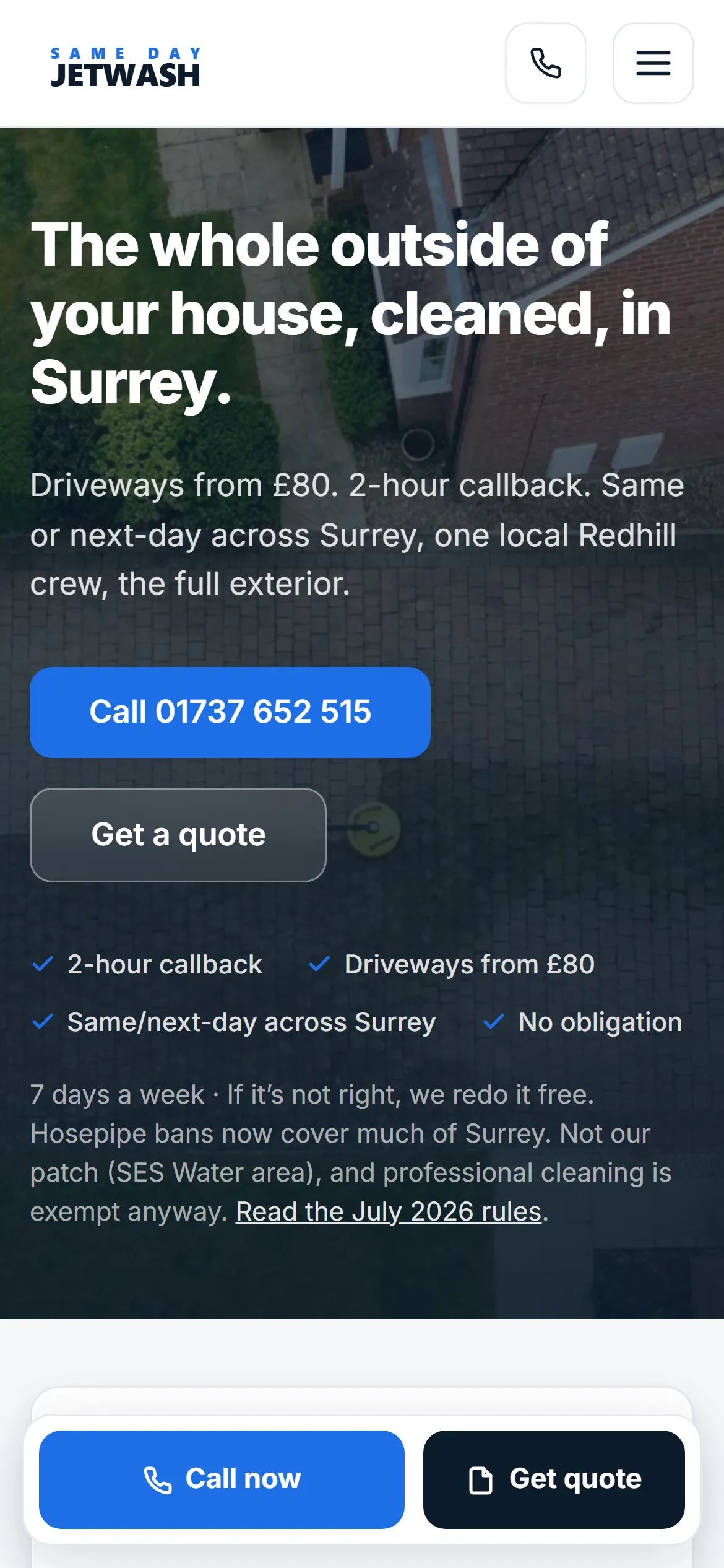 The same Sameday Jetwash home page on a phone screen, with the headline, the price and callback promise, stacked Call and Get a quote buttons, and a fixed call and quote bar across the bottom.
